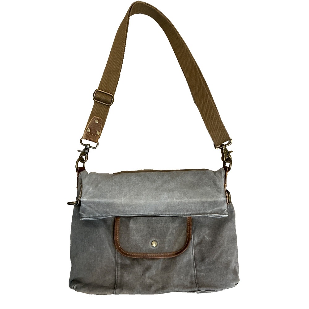 Ecosusi Gray Canvas Shoulder Messenger Bag with Brown Leather Trim Pockets